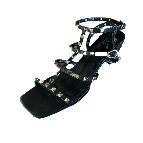 AZURA Ascend Black Studded Strappy Ankle Heels Square Open Toe Women's 9 Rave - Picture 3 of 9